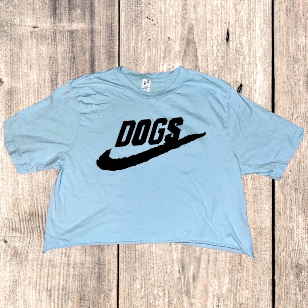 Light Blue "DOGS" Graphic Crop Tee - Women